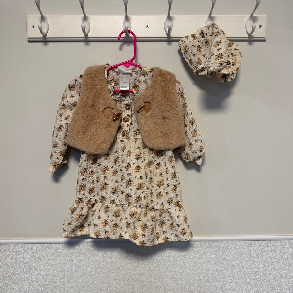 Girls Daisy Fuentes Casual Dress 18 Months White Floral with Brown Vest Bloomers - Picture 1 of 14
